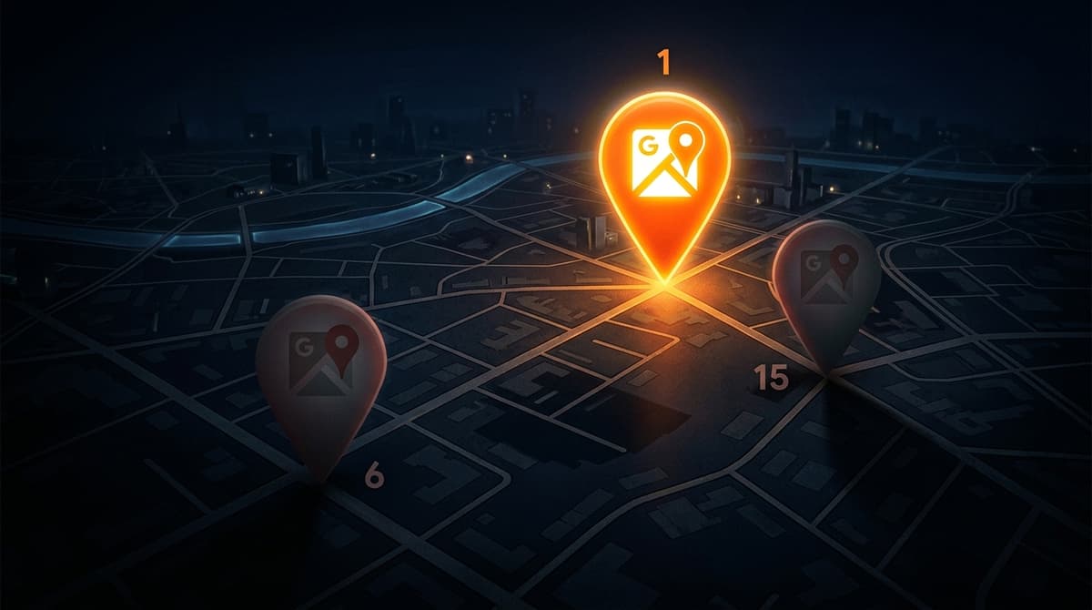 Dark Google map showing a business ranked #1 with a glowing orange pin, while competitors at #6 and #15 are barely visible