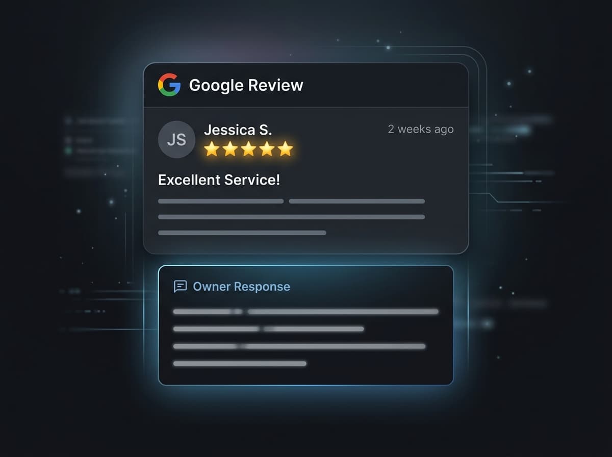Google review card with 5 stars and an owner response on dark background